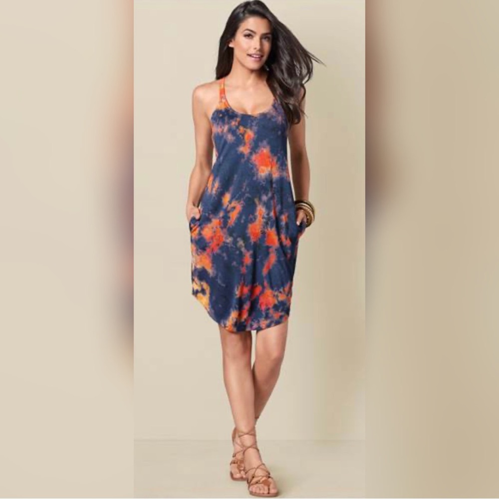 New! VENUS Multi Blue Tie-dye Stretch Knit Tank T Shirt Dress
